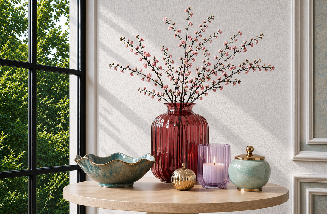 Decorative objects- vase, candle holder, bowl, other decorative objects- placed on a table next to a beautiful window