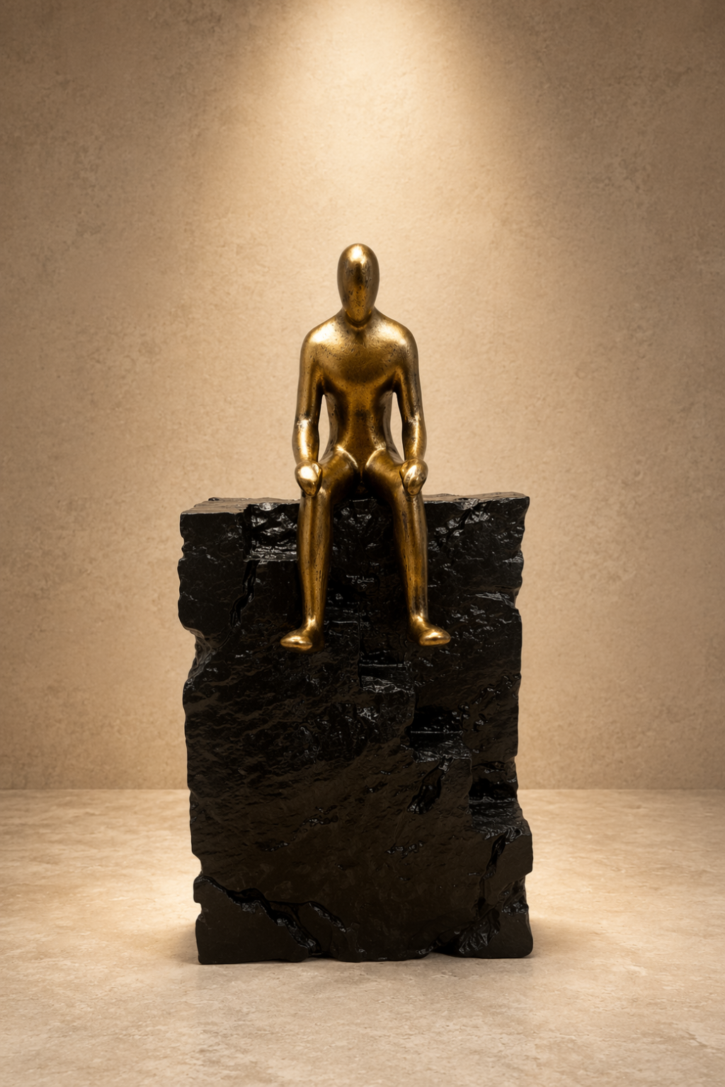 The Quiet Ascent gold and stone seated man figurine statue by Elunne
