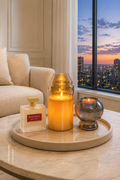Atmos edit- LED candle, room spray, tea light candle holder placed in a cosy ambience