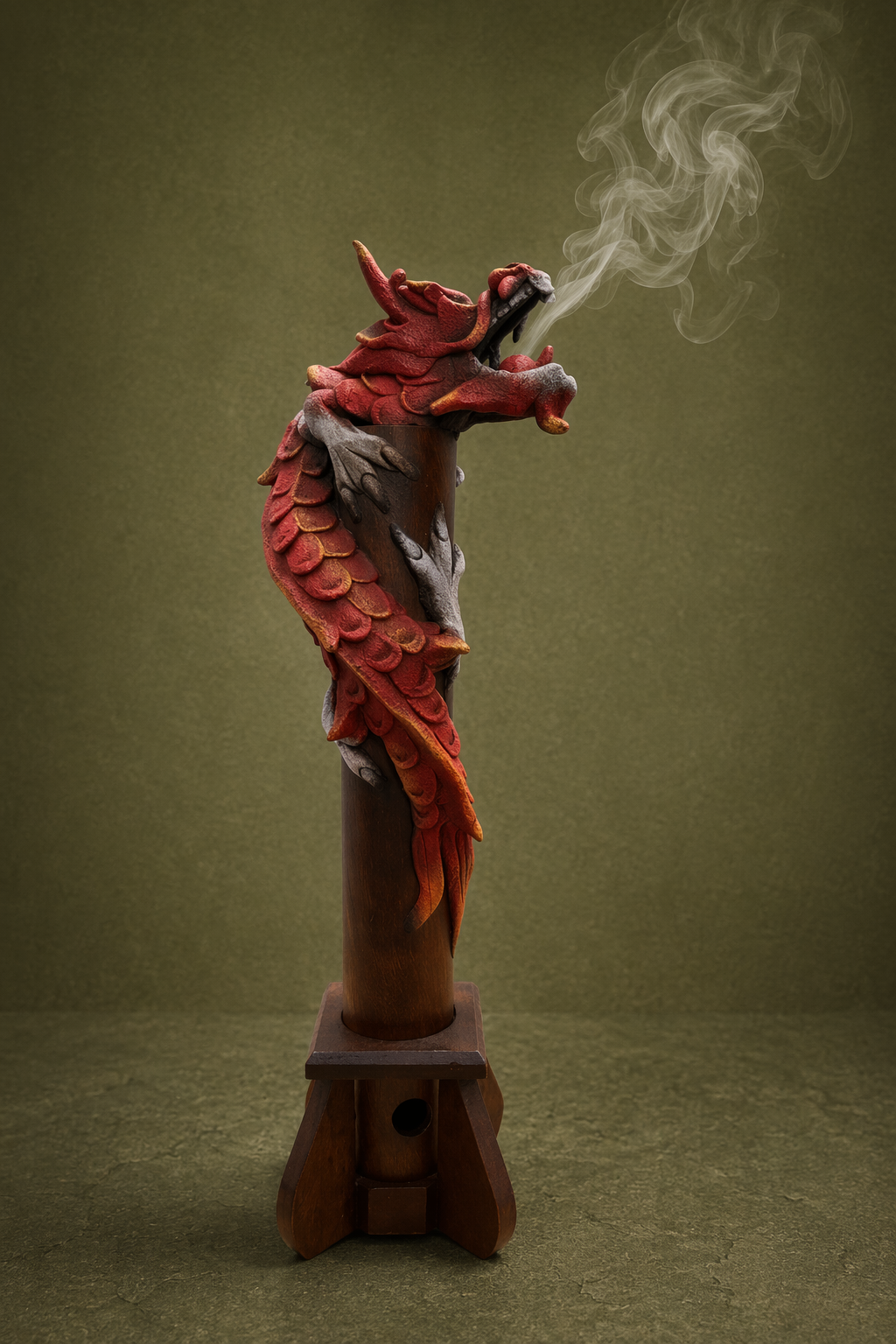 The Imperial Whisper red dragon incense holder by Elunne — front view