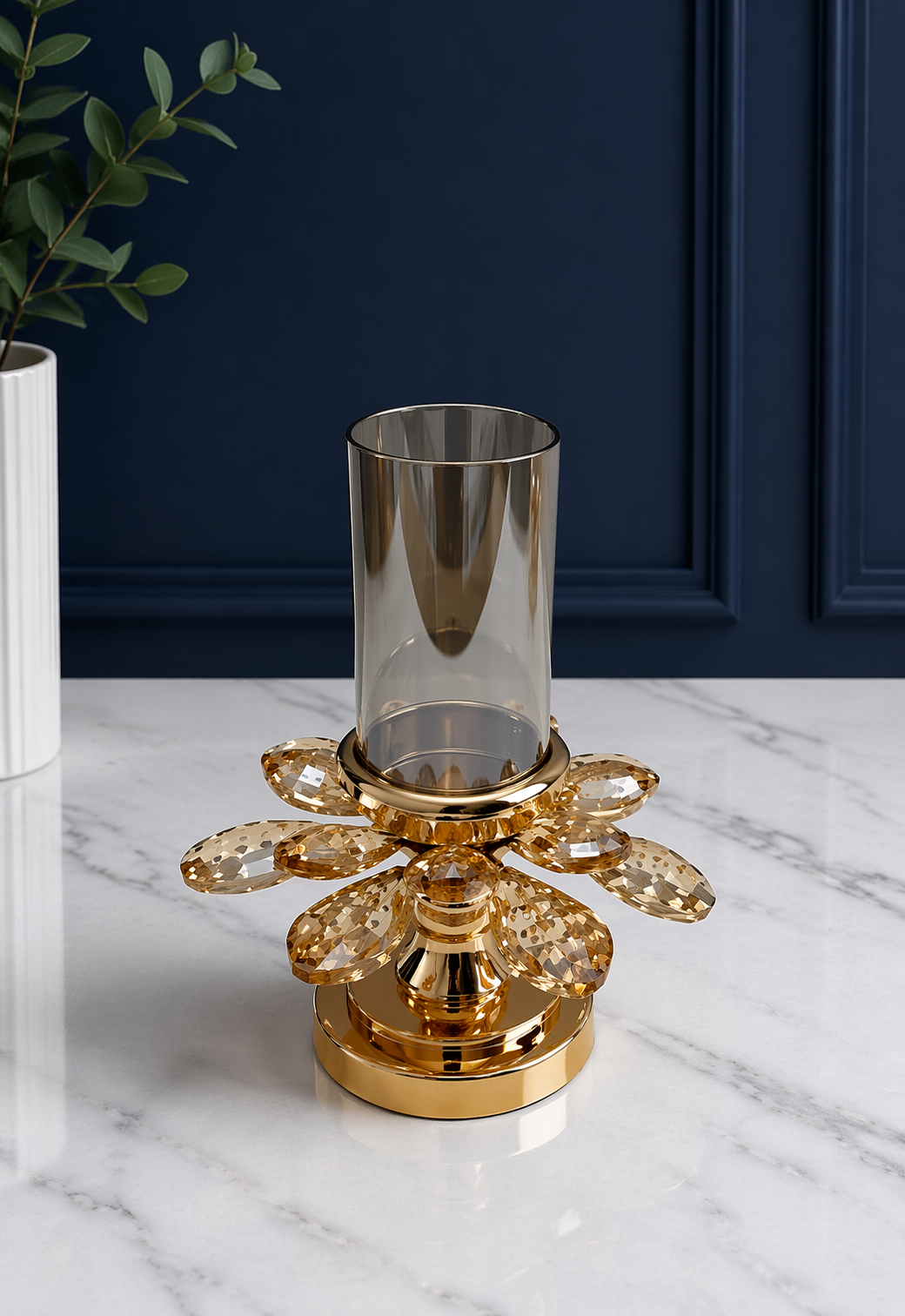 Aurelia Bloom large amber glass candle holder with gilded petals by Elunne