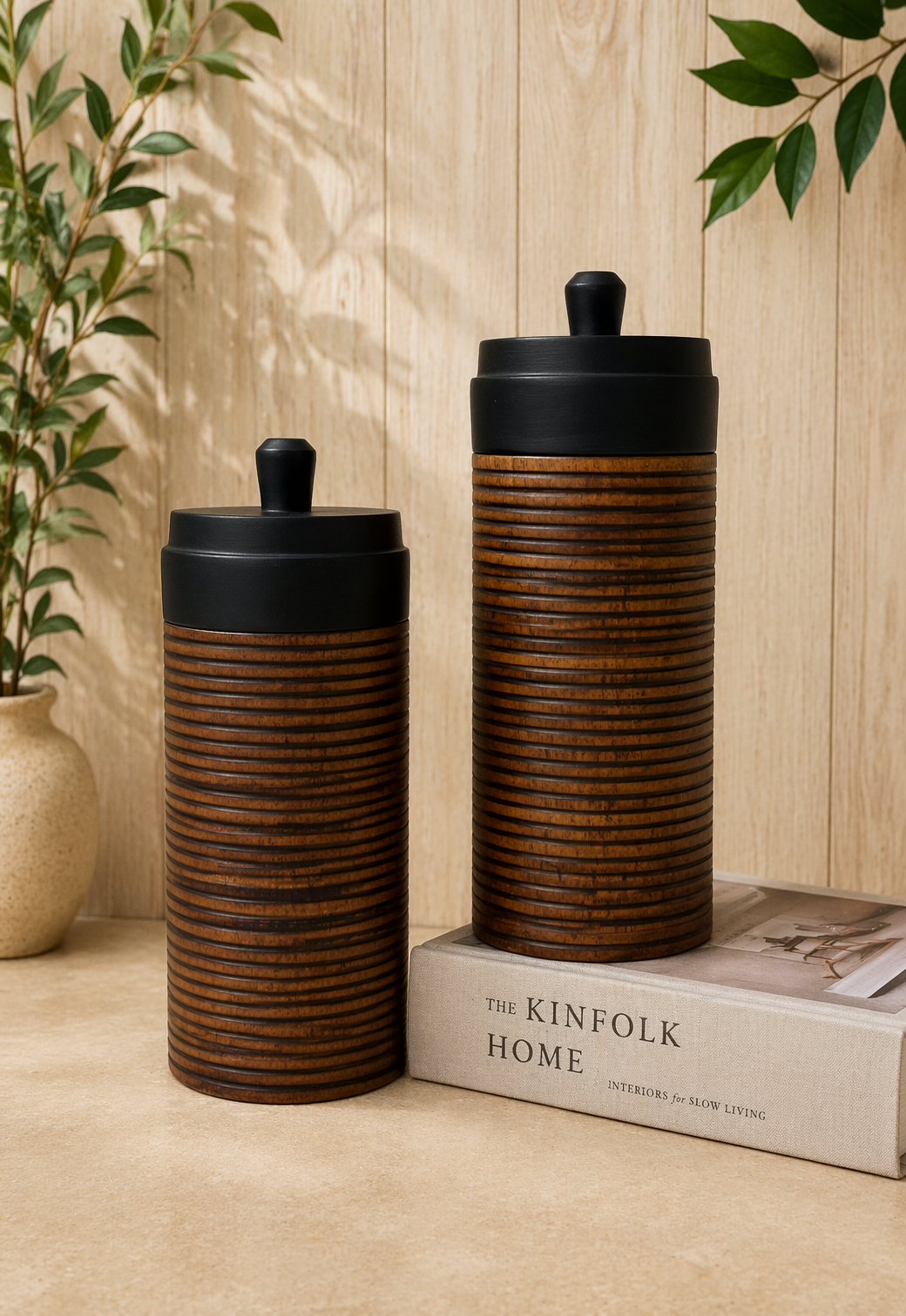 Noir Ridge Jars sculpted wood tone decorative storage jars by Elunne — front view