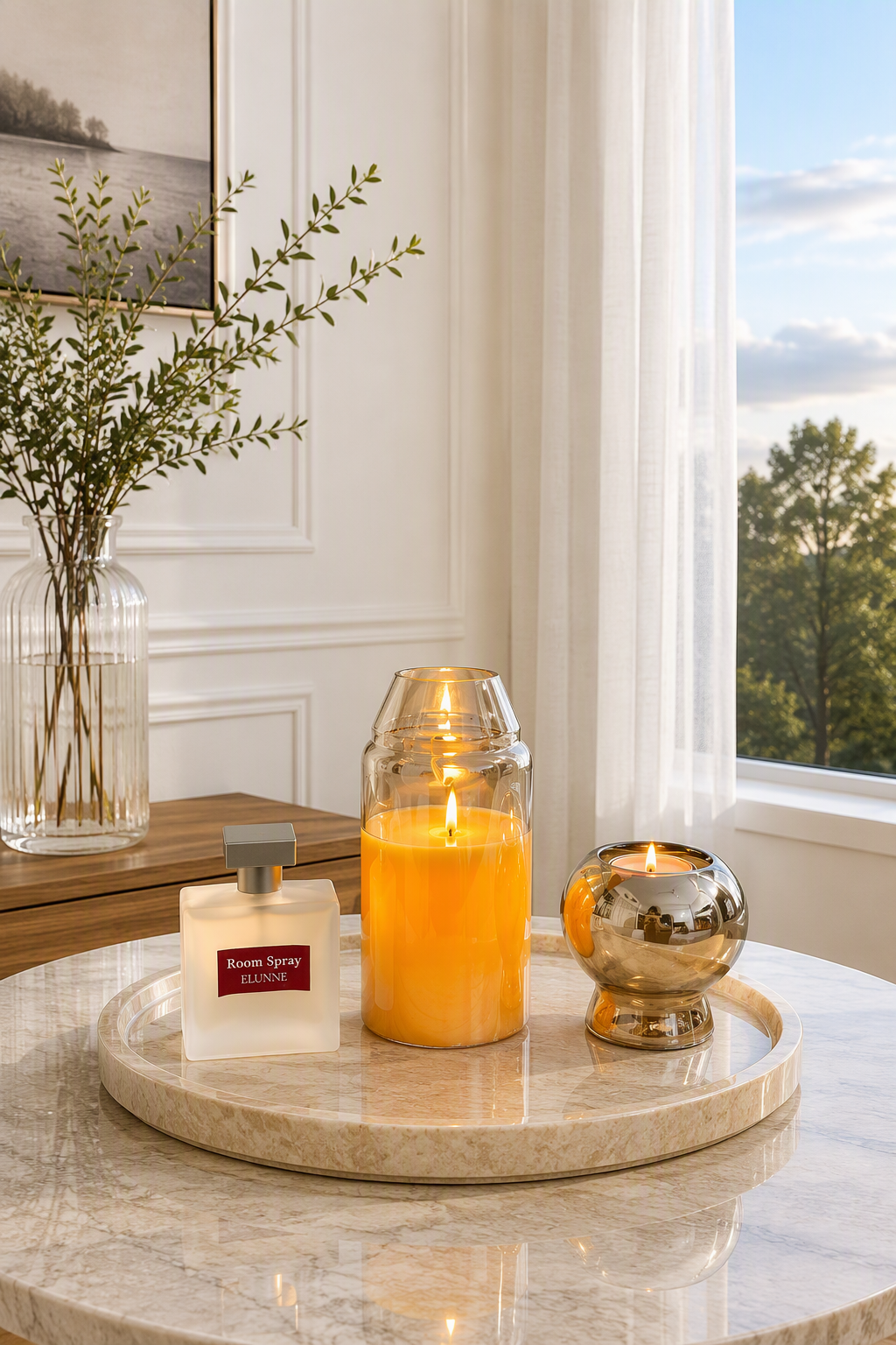 Atmos edit- LED candle, room spray and tea light candle holder placed in a beautiful cosy ambience