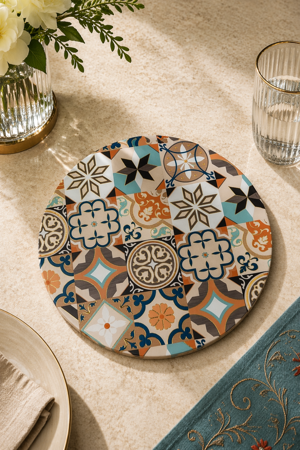 Ornate decorative trivet set of 2 with tile-inspired motifs by Elunne — top view
