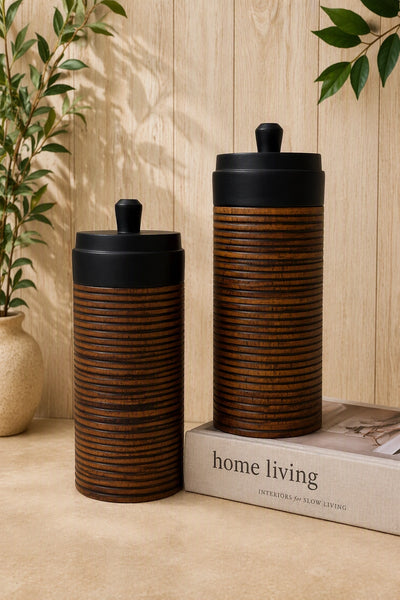 Noir Ridge Jars sculpted wood tone decorative storage jars by Elunne — front view