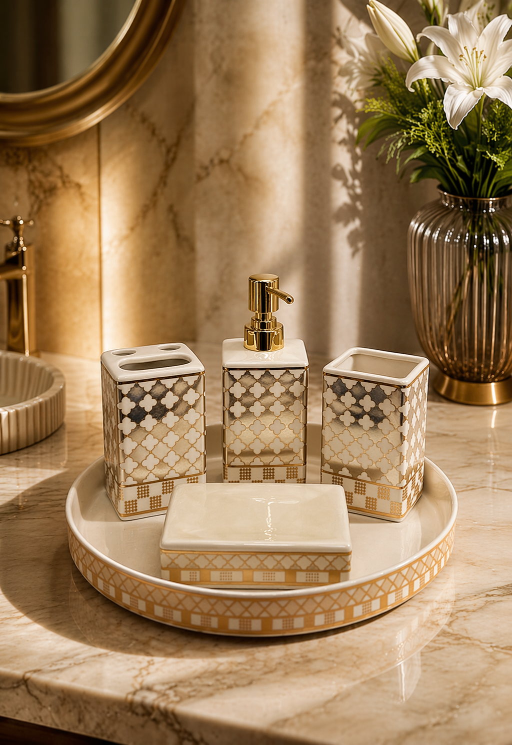 Ivory Vanity 5-piece ceramic bathroom set with gold lattice by Elunne — full set
