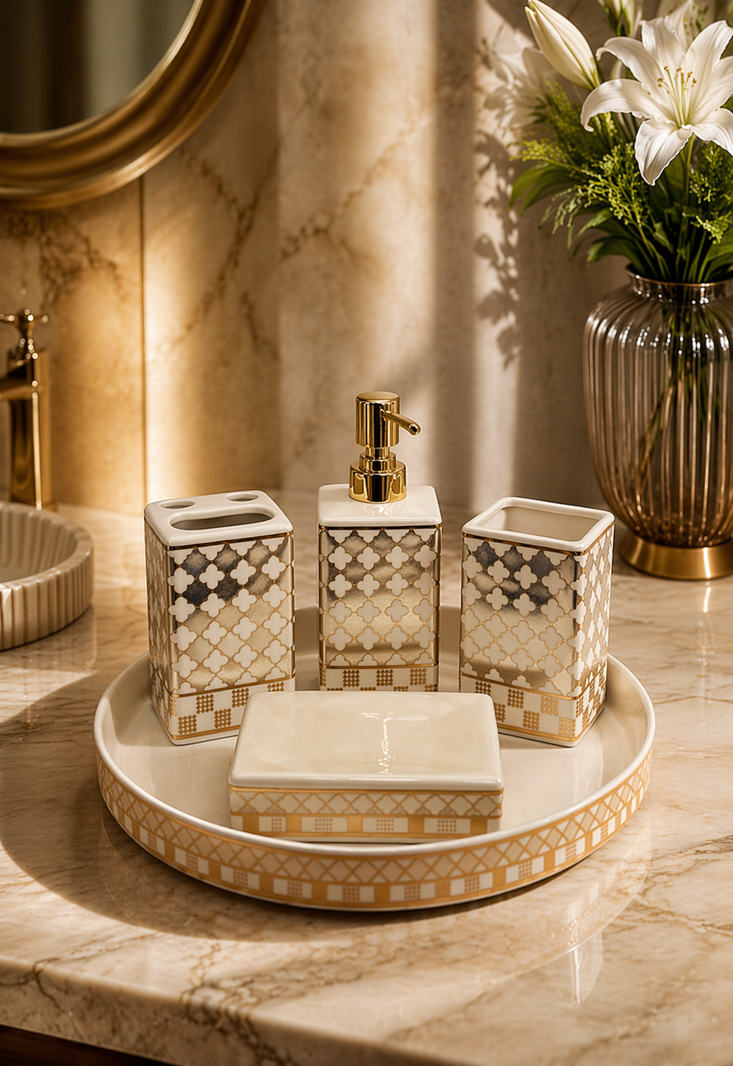 Ivory Vanity 5-piece ceramic bathroom set with gold lattice by Elunne — full set