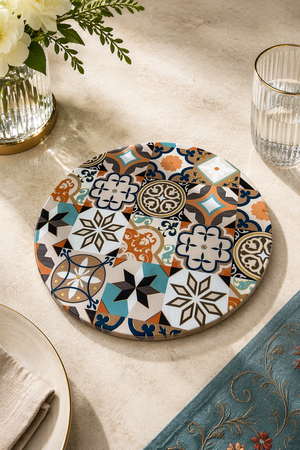 Elunne Ornate Trivet set styled on dining table — lifestyle shot