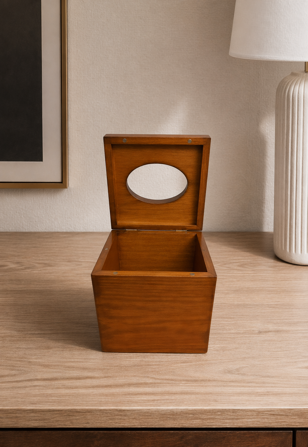 Elunne Arden Cube wooden tissue holder — with lid open
