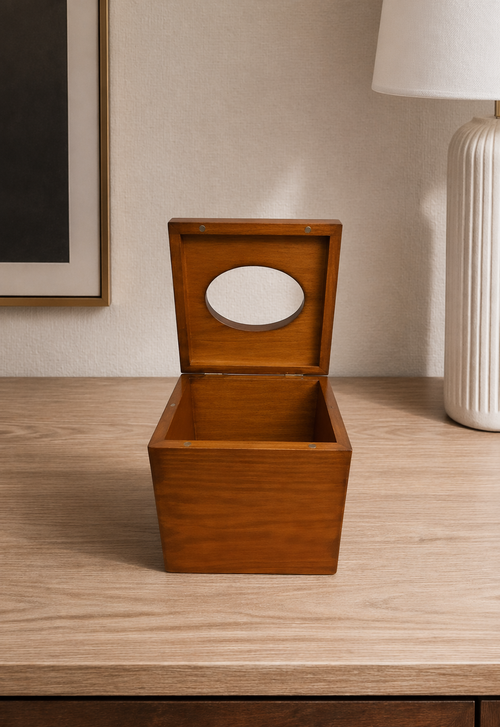 Elunne Arden Cube wooden tissue holder — with lid open