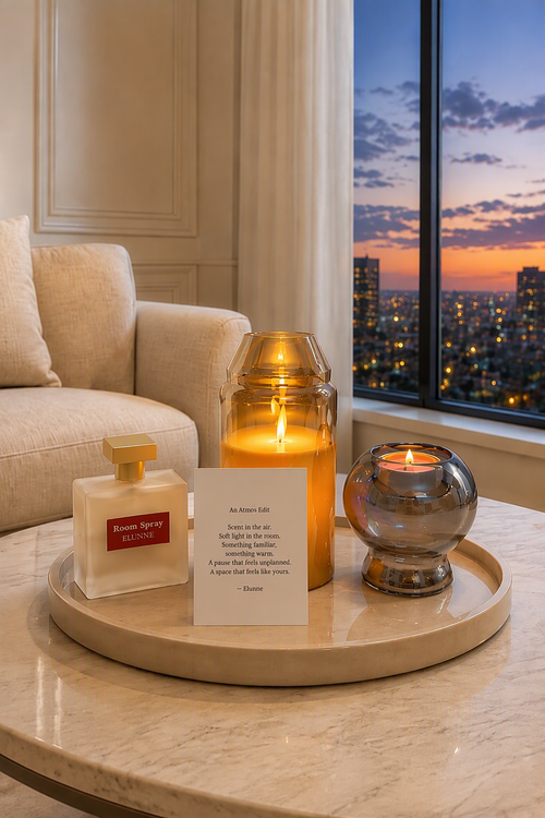 Atmos edit- LED candle, room spray, tea light candle holder with a note placed in a cosy ambience