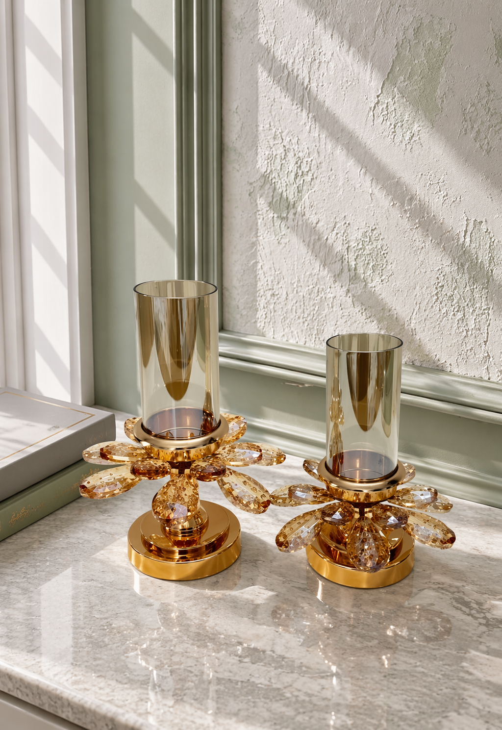 Elunne Aurelia Bloom amber candle holder — styling shot